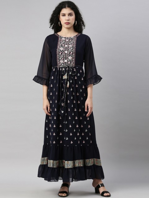 

GOLDSTROMS Navy Blue & Pink Ethnic Motifs Embroidered Belted Georgette Maxi Dress