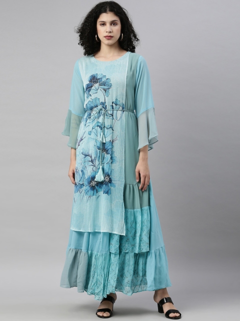 

GOLDSTROMS Women Sea Green & Blue Floral Belted Georgette Maxi Dress