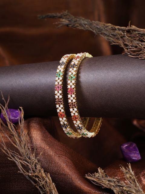 

Adwitiya Collection Gold-plated White & Red Stone-Studded Bangles