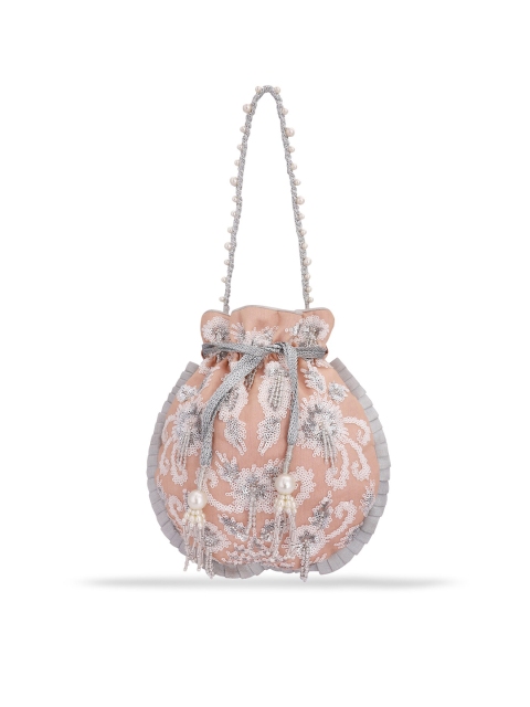 

MASQ Women Peach-Coloured & Grey Embellished Embroidered Potli Clutch