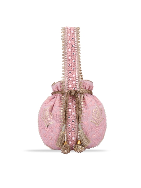 

MASQ Pink & Gold-Toned Embellished Embroidered Potli Clutch