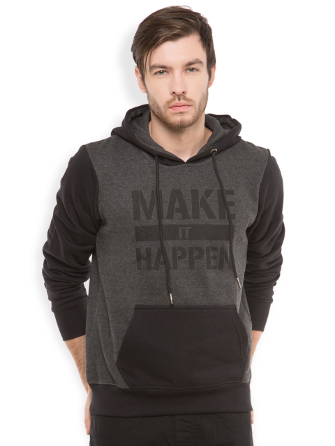 

LOCOMOTIVE Charcoal Grey & Black Colourblocked Printed Hooded Sweatshirt