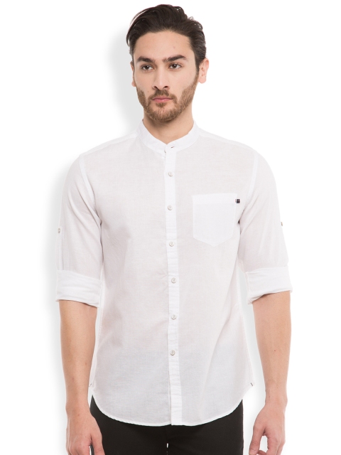 

LOCOMOTIVE Men White Slim Fit Solid Linen Casual Shirt