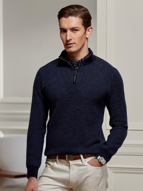 

Polo Ralph Lauren Men Navy Blue Solid Half Zipper Full Sleeves Pullover Sweater