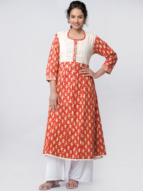 

Unnati Silks Women Red Ethnic Motifs Printed Handloom Anarkali Kurta