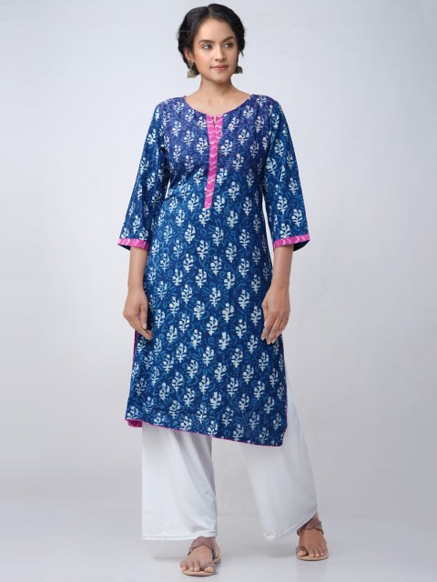

Unnati Silks Women Navy Blue Ethnic Motifs Printed Thread Work Handloom Kurta