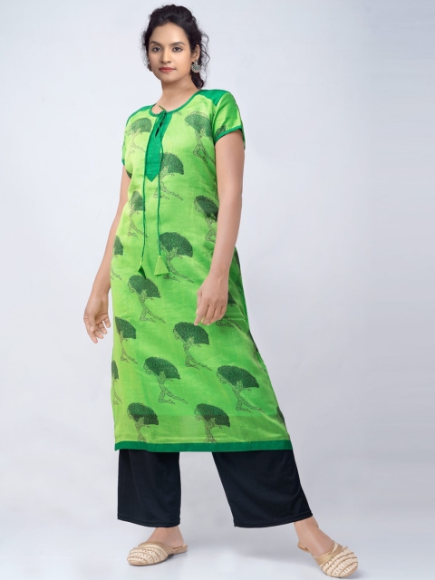 

Unnati Silks Women Green Printed Thread Work Handloom Kurta