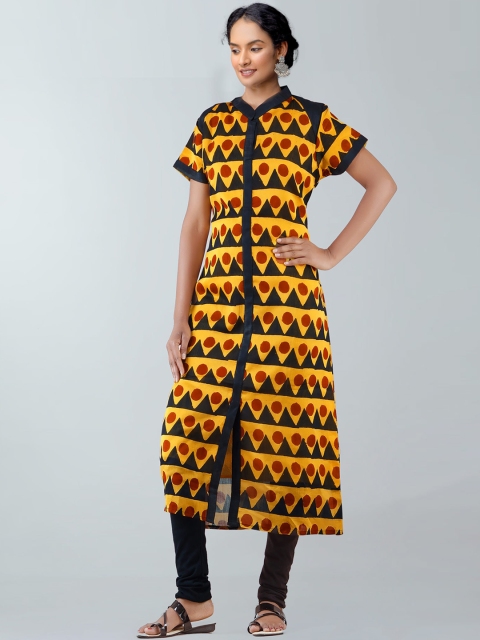 

Unnati Silks Women Yellow Geometric Printed Thread Work Handloom Kurta