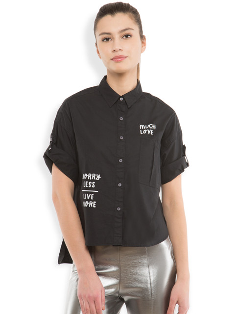 

Tokyo Talkies Women Black Solid Casual Shirt with Printed Detail