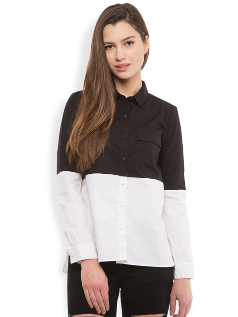 

Tokyo Talkies Women Black & White Classic Fit Colourblocked Casual Shirt