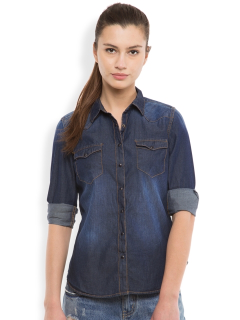 

Tokyo Talkies Women Navy Classic Fit Denim Casual Shirt, Navy blue