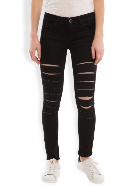 

Tokyo Talkies Women Black Skinny Pencil Fit Mid Rise Highly Distressed Jeans