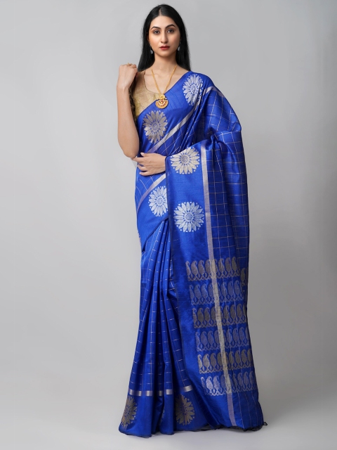 

Unnati Silks Blue & Silver-Toned Checked Zari Bengal Linen Blend Jamdani Saree