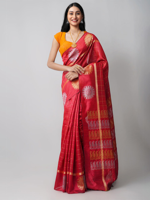 

Unnati Silks Red & Gold-Toned Woven Design Zari Linen Blend Jamdani Saree