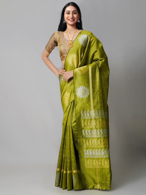 

Unnati Silks Green & Gold-Toned Woven Design Linen Blend Jamdani Saree