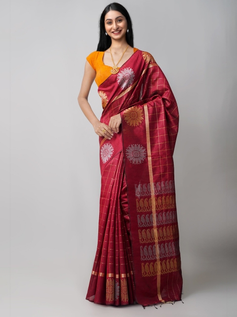 

Unnati Silks Maroon & Gold-Toned Checked Zari Linen Blend Jamdani Saree