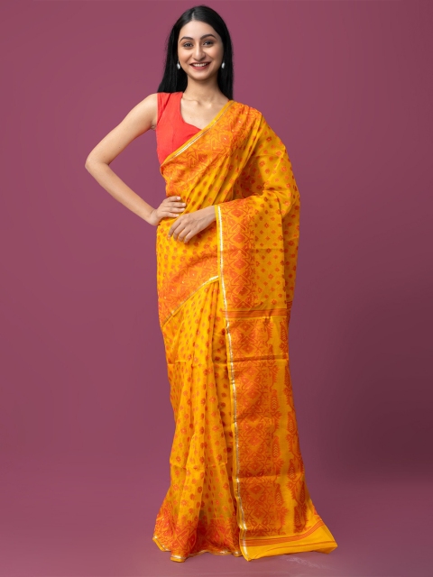 

Unnati Silks Yellow & Red Woven Design Pure Silk Handloom Sustainable Jamdani Saree