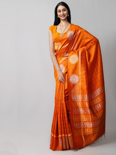 

Unnati Silks Orange & Gold-Toned Checked Zari Linen Blend Jamdani Saree