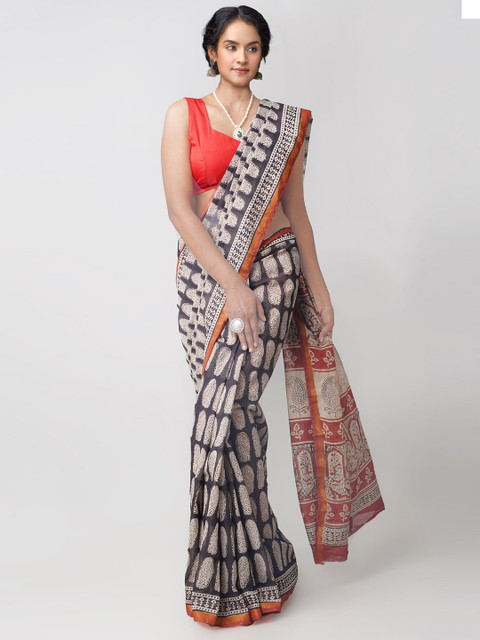 

Unnati Silks Black & Off White Bagh Zari Silk Cotton Maheshwari Saree