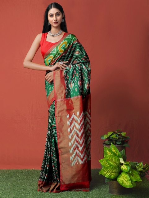 

Unnati Silks Green & Red Ikat Zari Silk Cotton Pochampally Saree