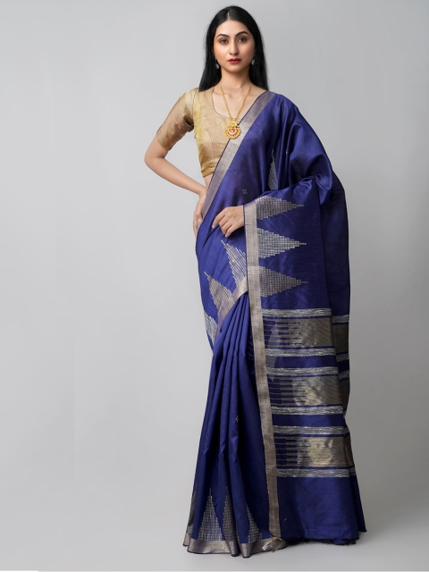 

Unnati Silks Navy Blue & Gold-Toned Zari Linen Blend Jamdani Saree