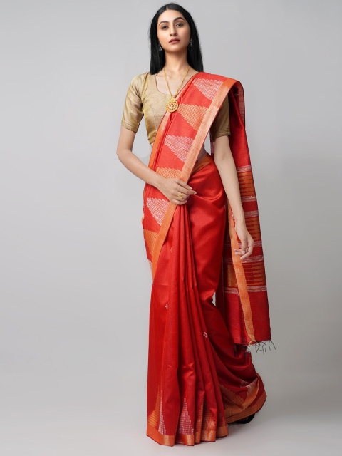 

Unnati Silks Red & Gold-Toned Woven Design Zari Linen Blend Jamdani Saree