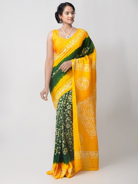 

Unnati Silks Green & Yellow Printed Batik Kota Cotton Saree