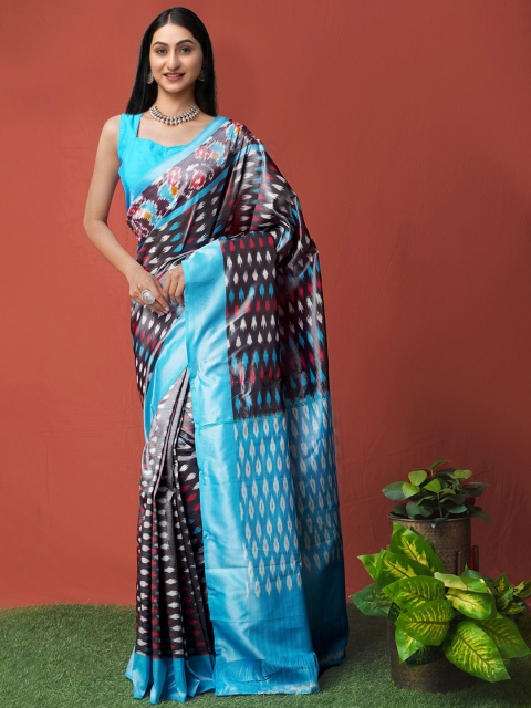 

Unnati Silks Grey & Blue Ikat Zari Silk Cotton Pochampally Saree
