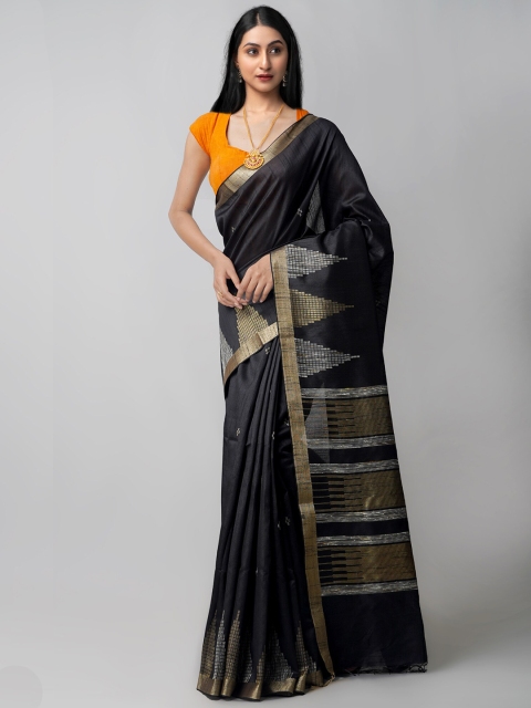 

Unnati Silks Black & Gold-Toned Woven Design Zari Linen Blend Jamdani Saree
