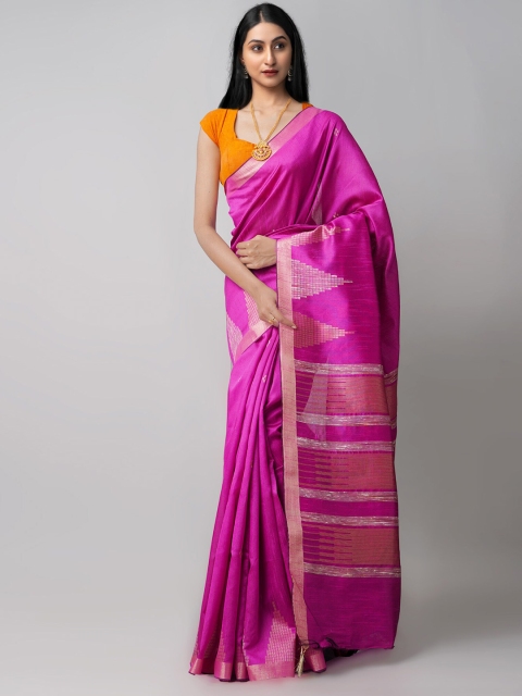 

Unnati Silks Pink & Gold-Toned Woven Design Zari Linen Blend Jamdani Saree