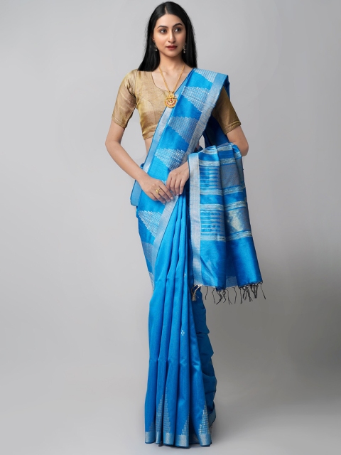 

Unnati Silks Blue & Silver-Toned Ethnic Motifs Zari Linen Blend Jamdani Saree
