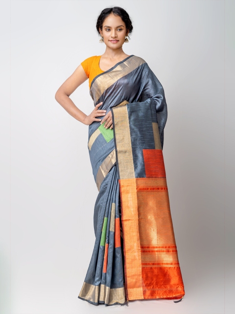 

Unnati Silks Blue & Orange Silk Cotton Kanjeevaram Saree
