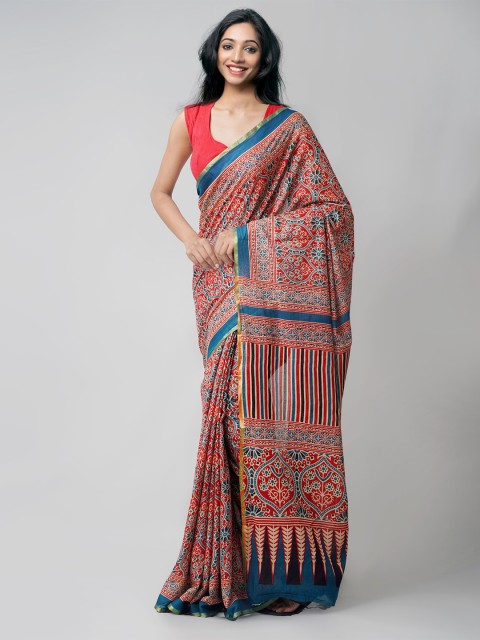 

Unnati Silks Red & Blue Ethnic Motifs Printed Mulmul Pure Cotton Patola Saree