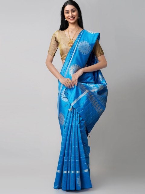 

Unnati Silks Blue & Silver-Toned Checked Zari Linen Blend Jamdani Saree