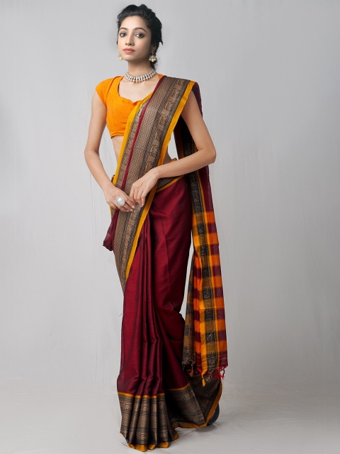 

Unnati Silks Maroon & Mustard Woven Design Pure Cotton Narayan Peth Saree