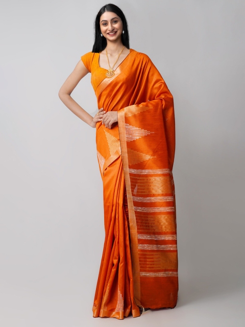 

Unnati Silks Orange & Gold-Toned Woven Design Zari Linen Blend Jamdani Saree