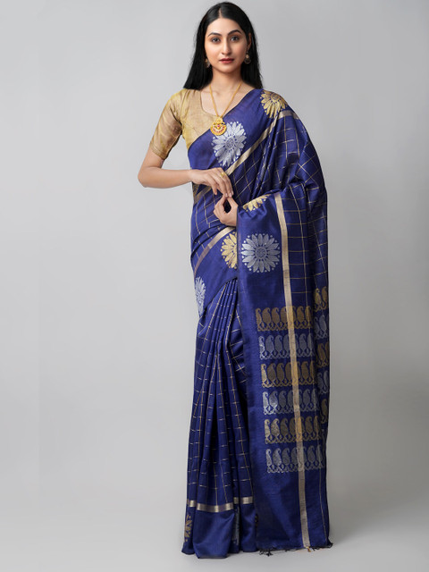 

Unnati Silks Navy Blue & Gold-Toned Woven Design Zari Linen Blend Jamdani Saree
