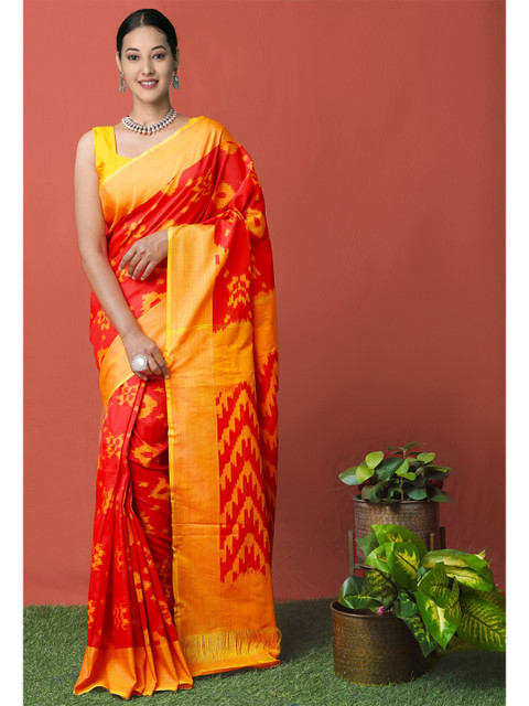 

Unnati Silks Red & Mustard Silk Cotton Pochampally Saree