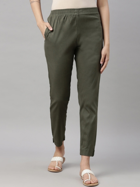 

GOLDSTROMS Women Olive Green Cotton Cigarette Trousers