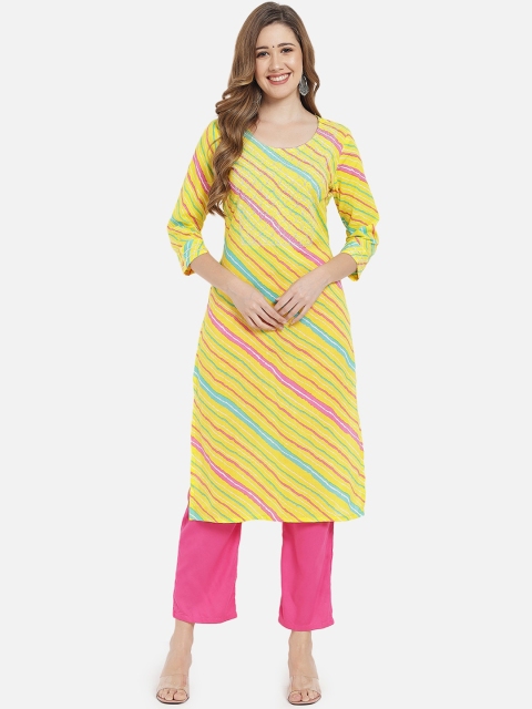 

Meeranshi Women Yellow & Multicoloured Striped Indie Prints Straight Kurta