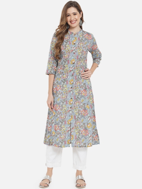 

Meeranshi Women Grey & Orange Floral Printed Floral Cotton Kurta