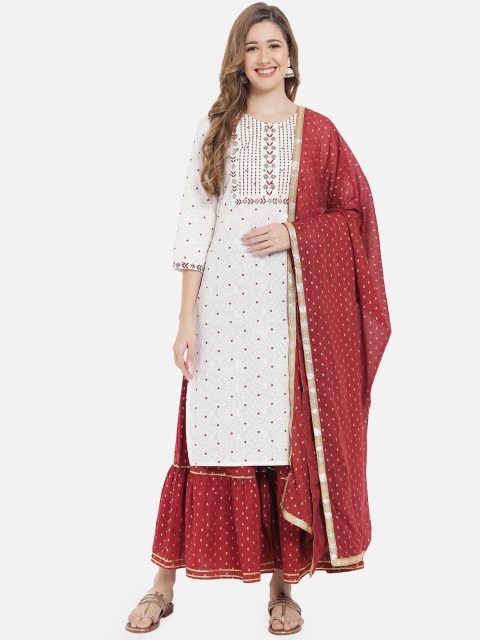 

Meeranshi Women White Floral Printed Gotta Patti Pure Cotton Kurta with Sharara & With Dupatta