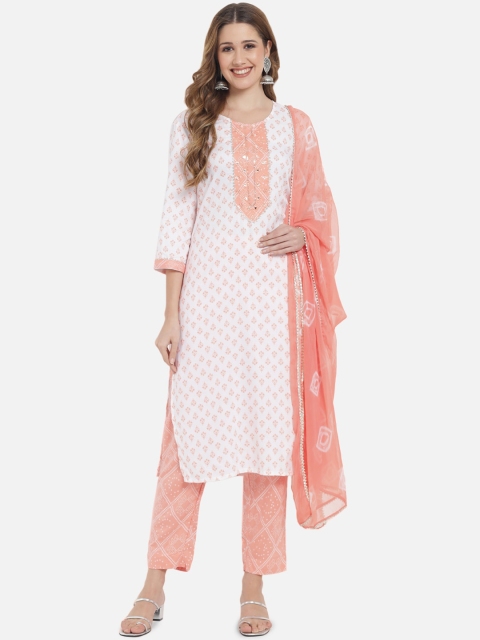 

Meeranshi Women White Printed Gotta Patti Pure Cotton Kurta with Trousers & Dupatta