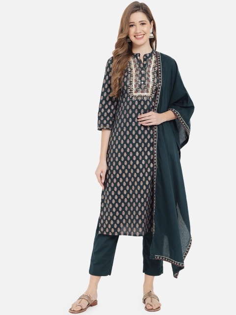 

Meeranshi Women Green Floral Printed Pure Cotton Kurta with Trousers & With Dupatta