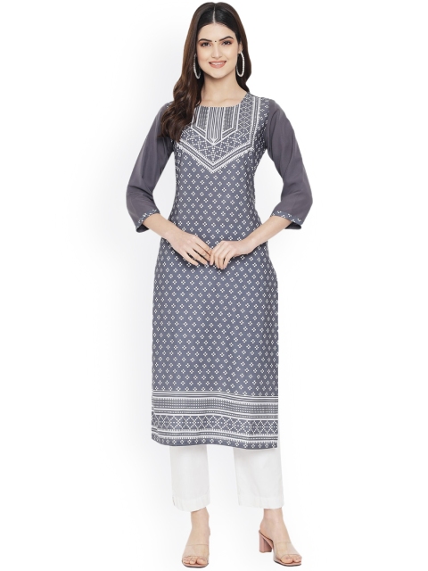 

Ethnic basket Women Grey & White Geometric Printed Crepe Kurta