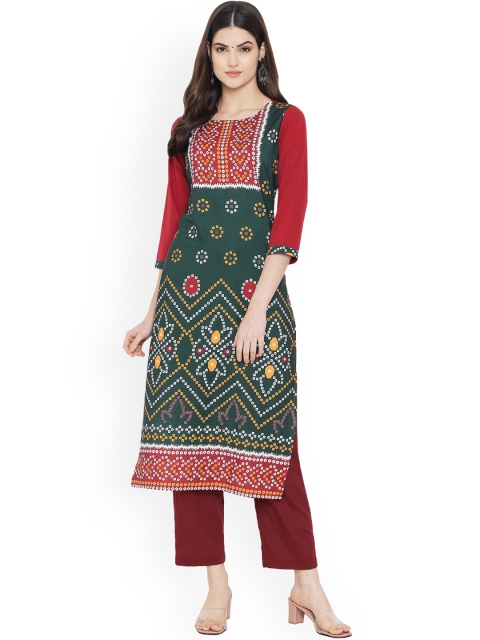 

Ethnic basket Women Green & Red Bandhani Printed Floral Crepe Kurta
