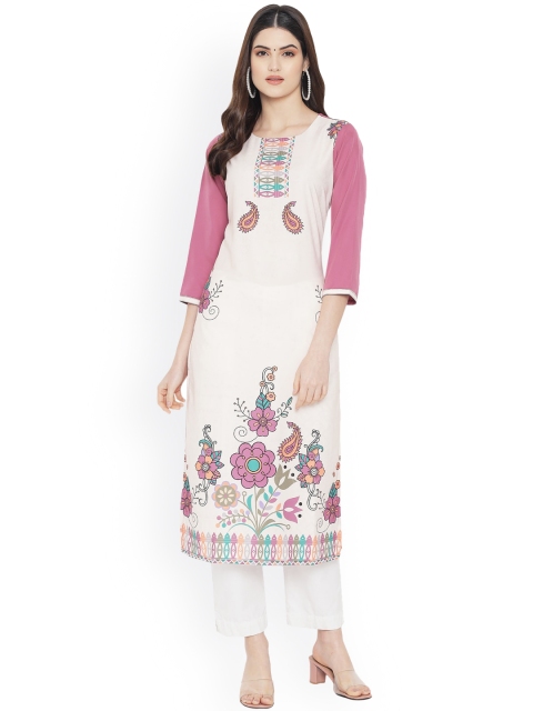 

Ethnic basket Women Cream-Coloured & Mauve Ethnic Motifs Printed Floral Crepe Kurta