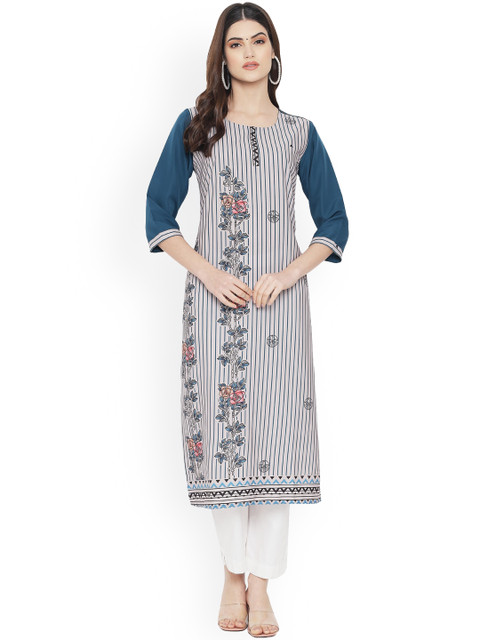 

Ethnic basket Women Beige & Teal Blue Ethnic Motifs Printed Crepe Kurta
