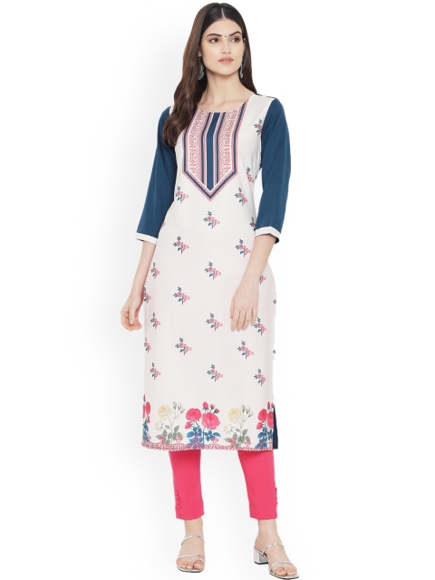 

Ethnic basket Women White & Green Floral Printed Floral Crepe Kurta