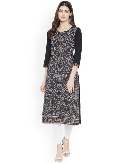 

Ethnic basket Women Black Bandhani Printed Floral Crepe Kurta